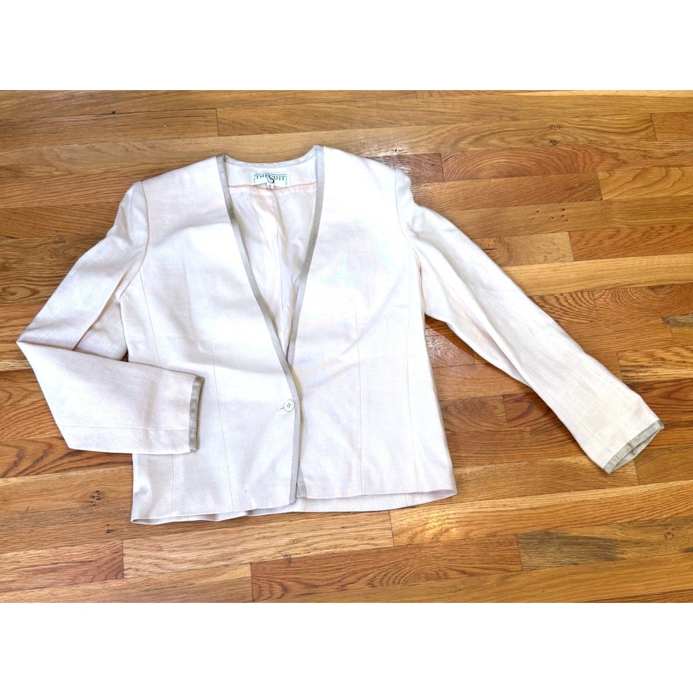The Suit Vintage Cream Tan Collarless Blazer Braided Trim Silk Blend Sz 16‎